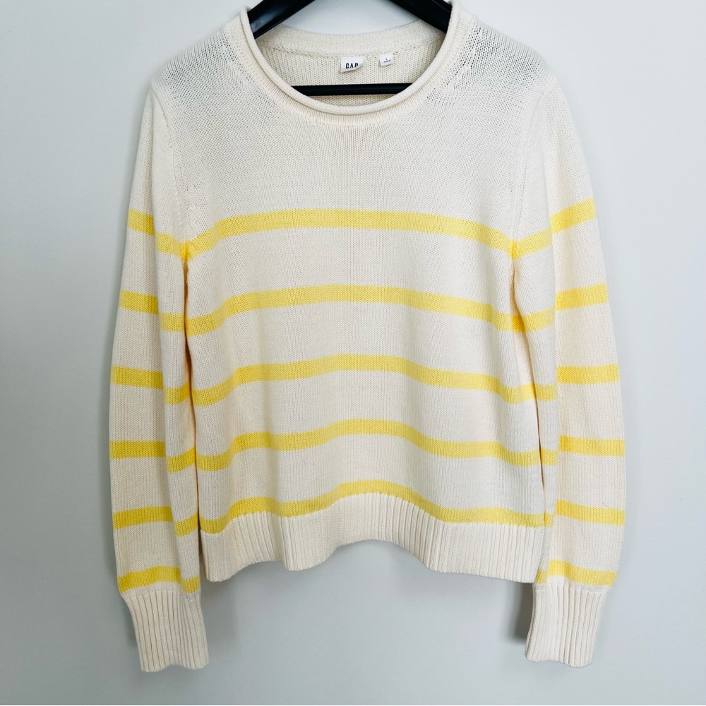 GAP Cream & Yellow Striped Knit Sweater L Rolled Neck Soft Classic Pullover - Picture 3 of 8